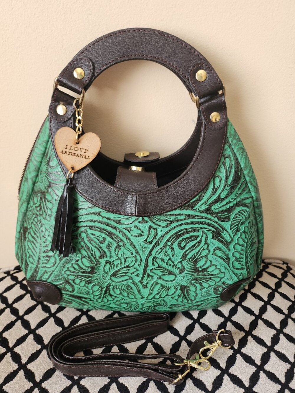 Artisan Hand-Painted Green and Black Bag with Snap